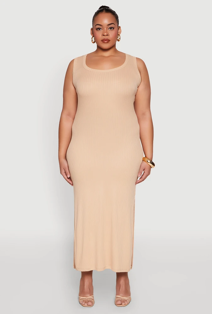 Womens Plus Scoop Neck Side Slit Midi Dress,