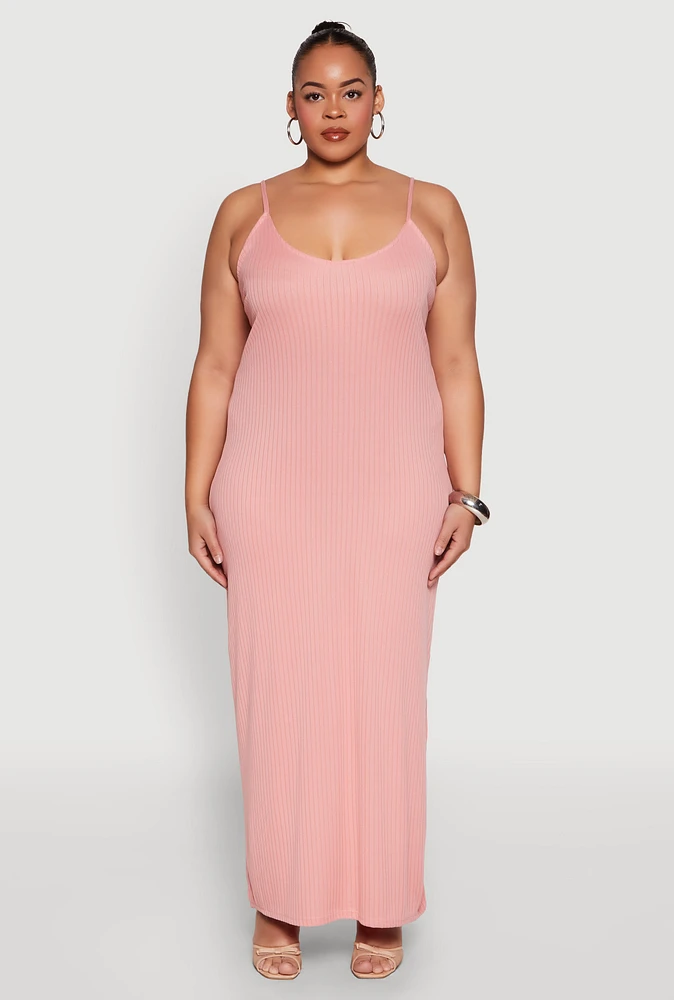 Womens Plus V Neck Side Slit Maxi Dress, Pink,