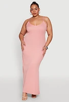 Womens Plus V Neck Side Slit Maxi Dress, Pink,