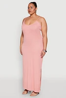 Womens Plus V Neck Side Slit Maxi Dress, Pink,