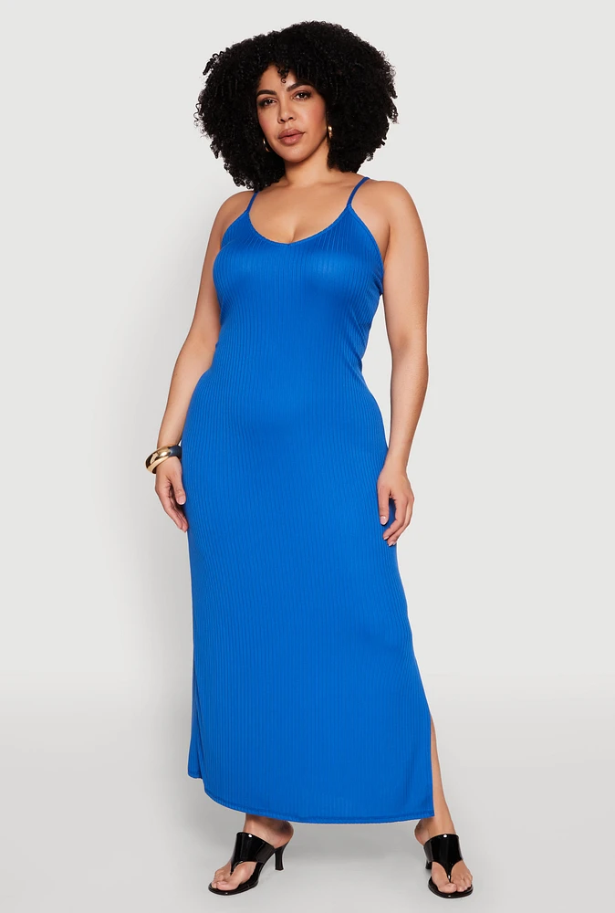 Womens Plus Size V Neck Side Slit Maxi Dress, Blue, Size 2X