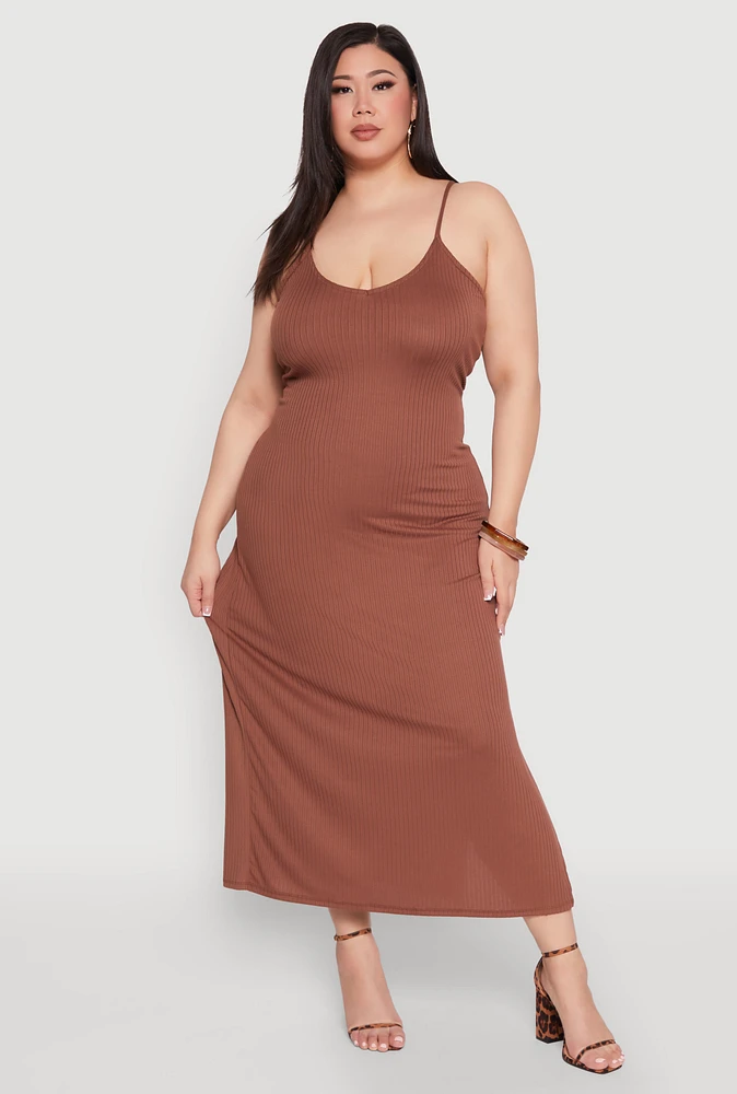 Womens Plus Size V Neck Side Slit Maxi Dress, Brown, Size 2X