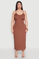 Womens Plus Size V Neck Side Slit Maxi Dress, Brown, Size 2X