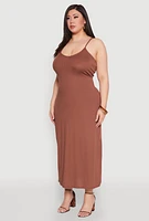 Womens Plus Size V Neck Side Slit Maxi Dress, Brown, Size 2X