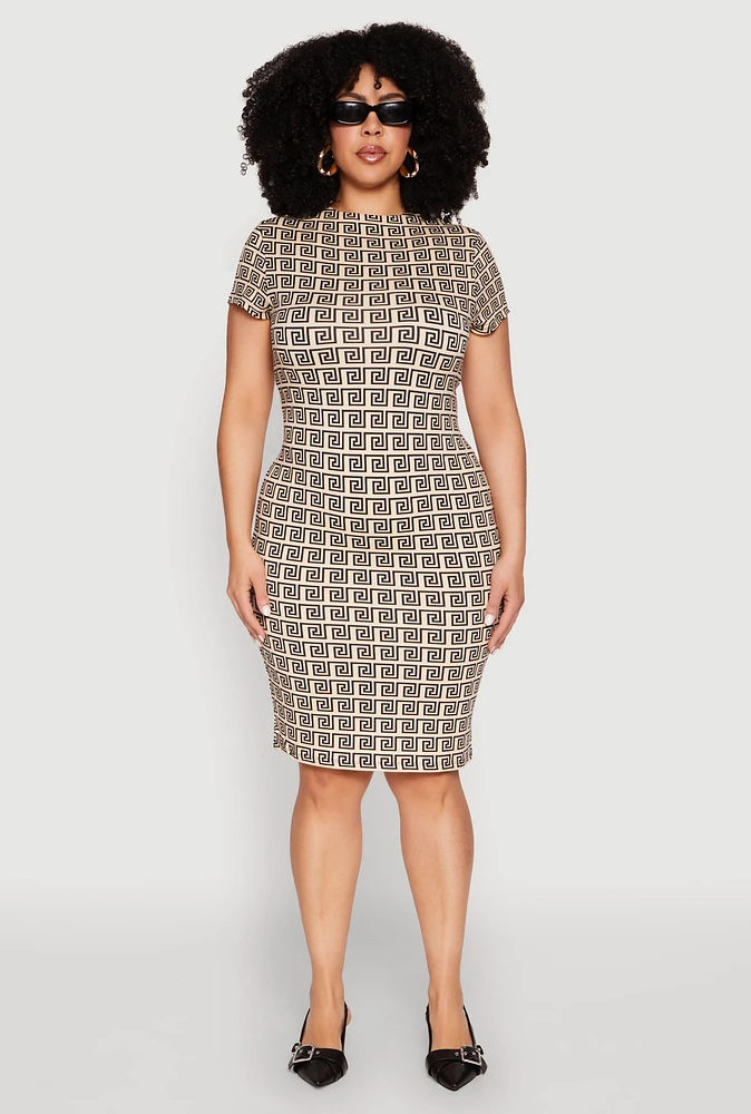 Womens Plus Size Greek Key High Neck Dress, Beige, Size 2X