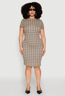 Womens Plus Size Greek Key High Neck Dress, Beige, Size 2X