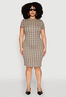 Womens Plus Size Greek Key High Neck Dress, Beige, Size 2X