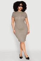 Womens Plus Size Greek Key High Neck Dress, Beige, Size 2X