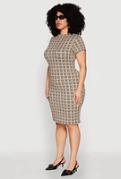 Womens Plus Size Greek Key High Neck Dress, Beige, Size 2X
