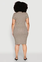 Womens Plus Size Greek Key High Neck Dress, Beige, Size 2X