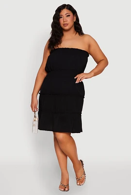 Womens Plus Size Airy Strapless Smocked Tiered Dress, Black, Size 1X