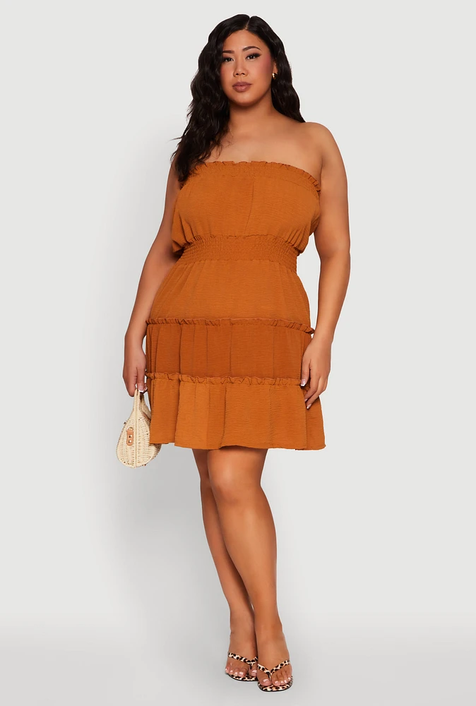 Womens Plus Size Airy Strapless Smocked Tiered Dress, Brown, Size 1X