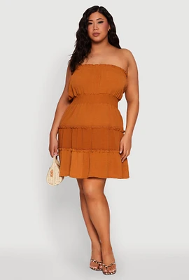 Womens Plus Size Airy Strapless Smocked Tiered Dress, Brown, Size 1X