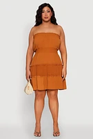 Womens Plus Size Airy Strapless Smocked Tiered Dress, Brown, Size 1X