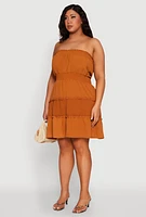 Womens Plus Size Airy Strapless Smocked Tiered Dress, Brown, Size 1X