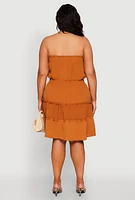 Womens Plus Size Airy Strapless Smocked Tiered Dress, Brown, Size 1X