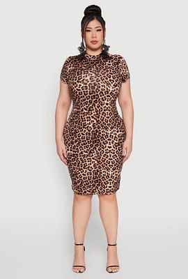 Womens Plus Size Leopard Print Mock Neck Dress, Brown, Size 1X