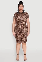 Womens Plus Size Leopard Print Mock Neck Dress, Brown, Size 1X