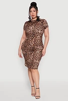 Womens Plus Size Leopard Print Mock Neck Dress, Brown, Size 1X