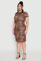 Womens Plus Size Leopard Print Mock Neck Dress, Brown, Size 2X