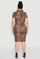 Womens Plus Size Leopard Print Mock Neck Dress, Brown, Size 2X