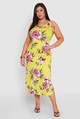 Womens Plus Size Floral Side Slit Midi Dress, Yellow, Size 3X