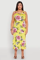 Womens Plus Floral Side Slit Midi Dress, Yellow,
