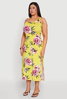 Womens Plus Size Floral Side Slit Midi Dress, Yellow, Size 3X