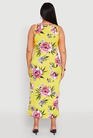 Womens Plus Size Floral Side Slit Midi Dress, Yellow, Size 3X