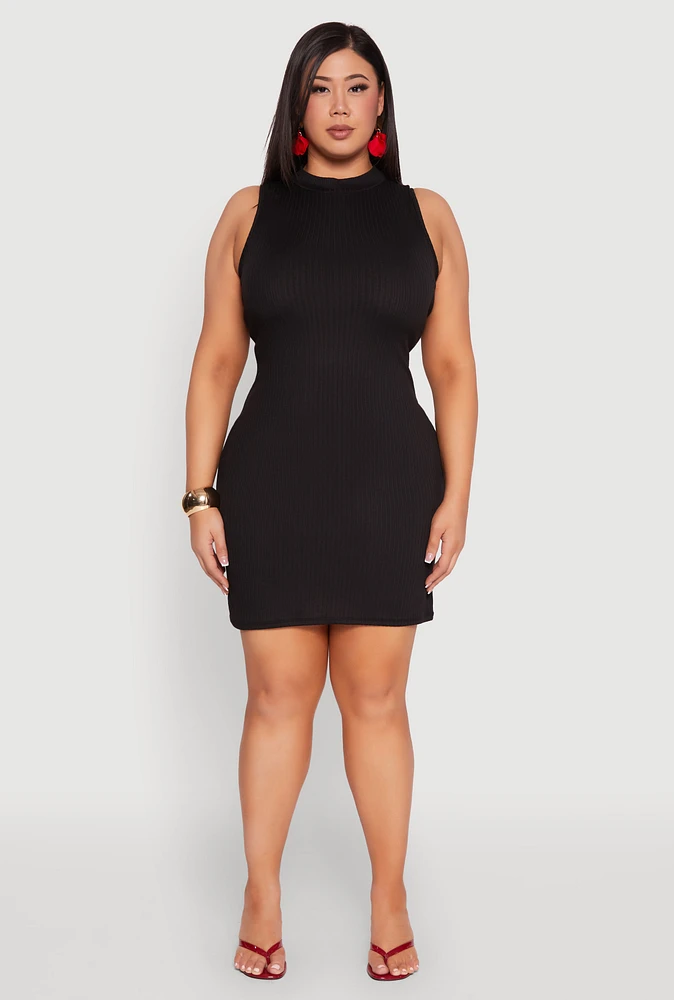 Womens Plus Size Ribbed Knit Mock Neck Tank Dress, Black, Size 3X