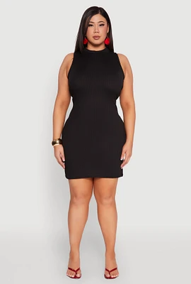 Womens Plus Size Ribbed Knit Mock Neck Tank Dress, Black, Size 3X