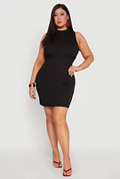 Womens Plus Size Ribbed Knit Mock Neck Tank Dress, Black, Size 3X