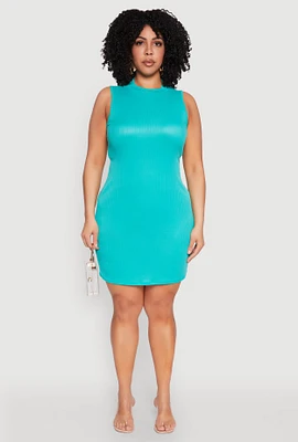 Womens Plus Size Ribbed Knit Mock Neck Tank Dress, Blue, Size 1X