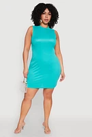 Womens Plus Size Ribbed Knit Mock Neck Tank Dress, Blue, Size 1X