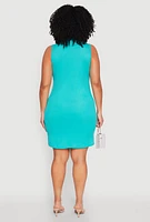 Womens Plus Size Ribbed Knit Mock Neck Tank Dress, Blue, Size 1X