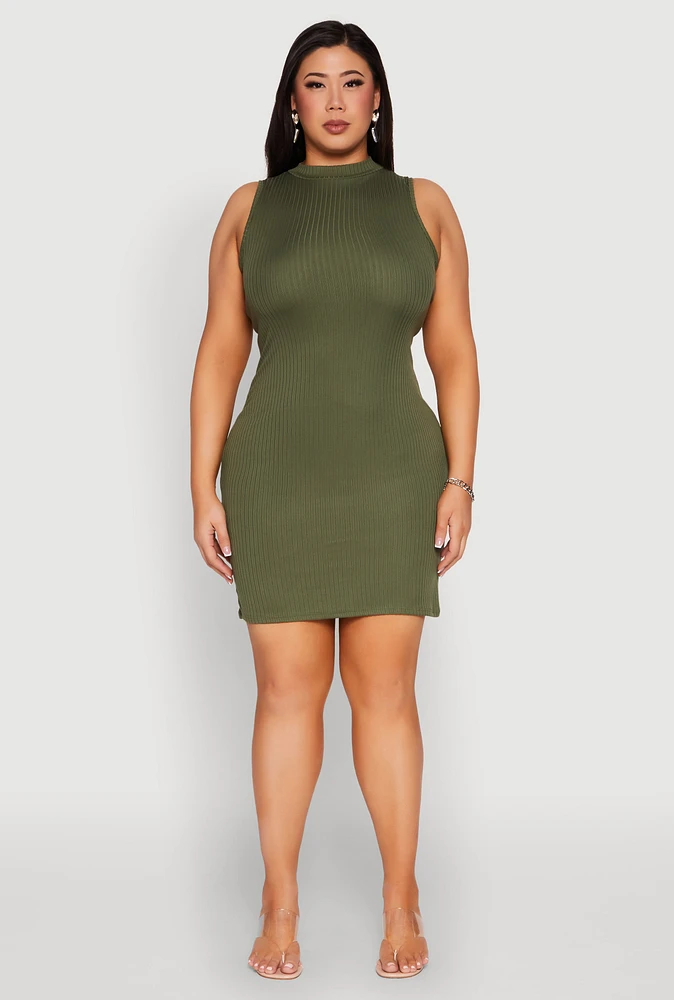 Womens Plus Ribbed Knit Mock Neck Tank Dress, 3X