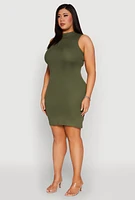 Womens Plus Ribbed Knit Mock Neck Tank Dress, Green,