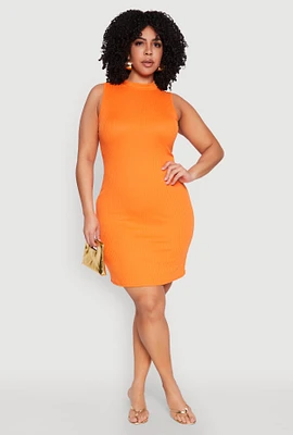 Womens Plus Ribbed Knit Mock Neck Tank Dress, Orange,