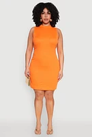 Womens Plus Size Ribbed Knit Mock Neck Tank Dress, Orange, Size 3X