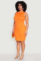 Womens Plus Ribbed Knit Mock Neck Tank Dress, Orange,