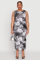 Womens Plus Size Side Cut Out Tropical Destination Print Dress, Multi, Size 2X