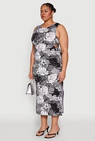 Womens Plus Size Side Cut Out Tropical Destination Print Dress, Multi, Size 2X