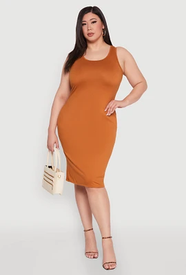 Womens Plus Size Scoop Neck Midi Dress, Brown, Size 2X
