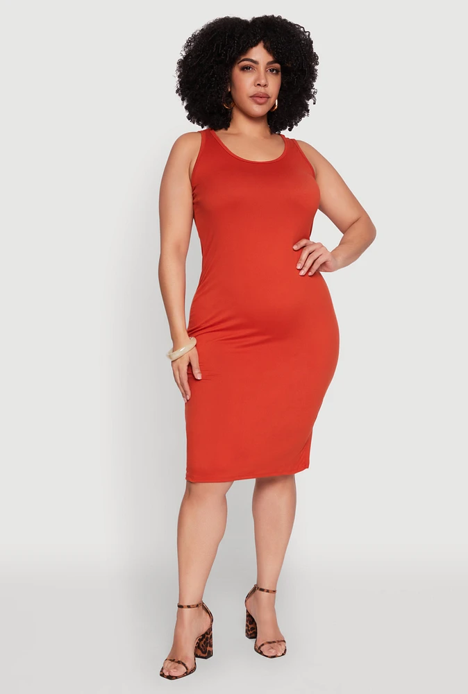 Womens Plus Size Scoop Neck Midi Dress, Orange, Size 2X