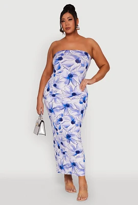 Womens Plus Size Watercolor Floral Print Maxi Tube Dress, Blue, Size 1X