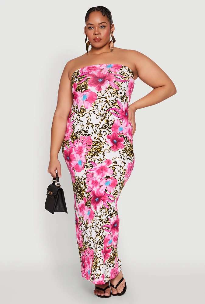 Womens Plus Floral Animal Print Tube Dress, Multi,