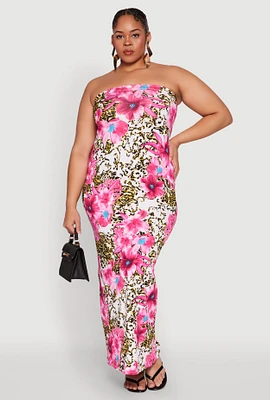 Womens Plus Floral Animal Print Tube Dress, Multi,