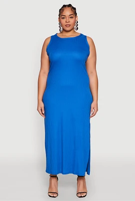 Womens Plus Size Ribbed Knit Side Slit Maxi Tank Dress, Blue, Size 2X