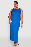 Womens Plus Size Ribbed Knit Side Slit Maxi Tank Dress, Blue, Size 2X