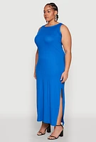 Womens Plus Size Ribbed Knit Side Slit Maxi Tank Dress, Blue, Size 2X